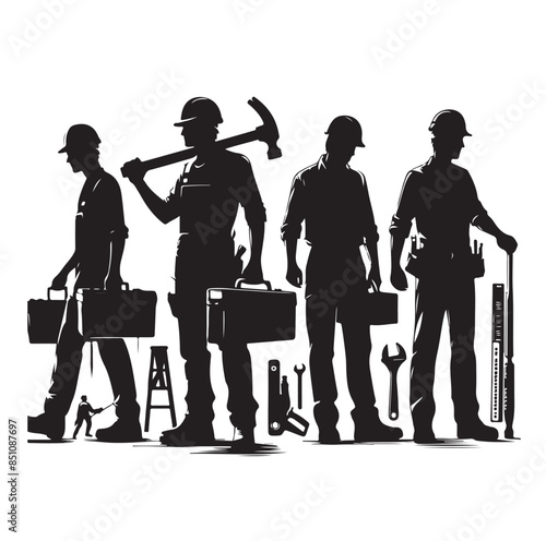 Construction workers wearing uniforms and standing silhouette bundles. Men bricklayers with anonymous faces. Male Mason silhouette on a white background. Male bricklayer silhouette collection.