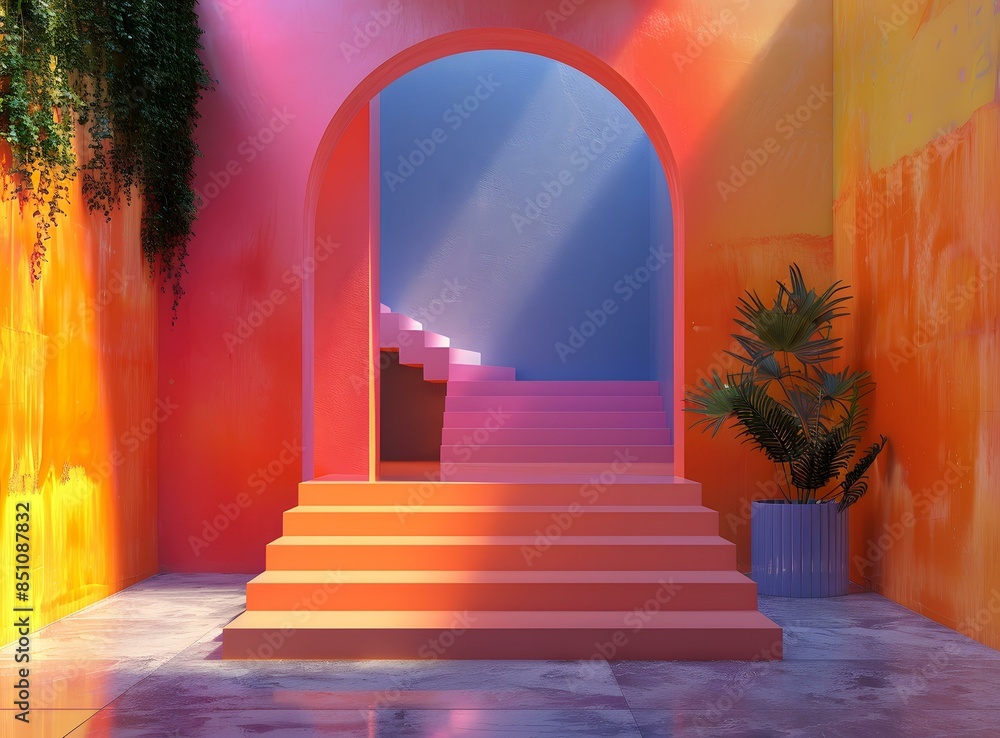 Fototapeta premium Pink and blue minimal surreal space with stairs and arch