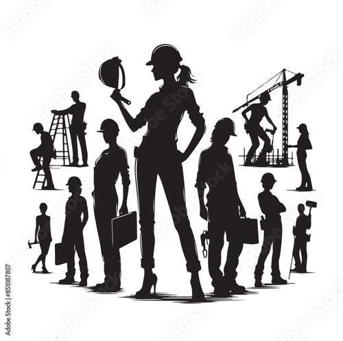 Construction workers wearing uniforms and standing silhouette bundles. Men bricklayers with anonymous faces. Male Mason silhouette on a white background. Male bricklayer silhouette collection.