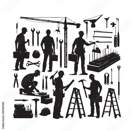 Construction workers wearing uniforms and standing silhouette bundles. Men bricklayers with anonymous faces. Male Mason silhouette on a white background. Male bricklayer silhouette collection.