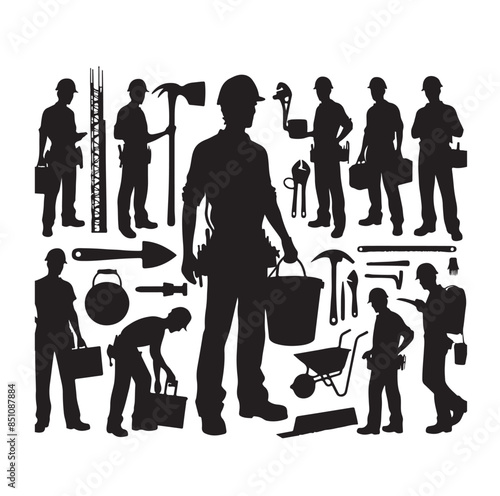 Construction workers wearing uniforms and standing silhouette bundles. Men bricklayers with anonymous faces. Male Mason silhouette on a white background. Male bricklayer silhouette collection.