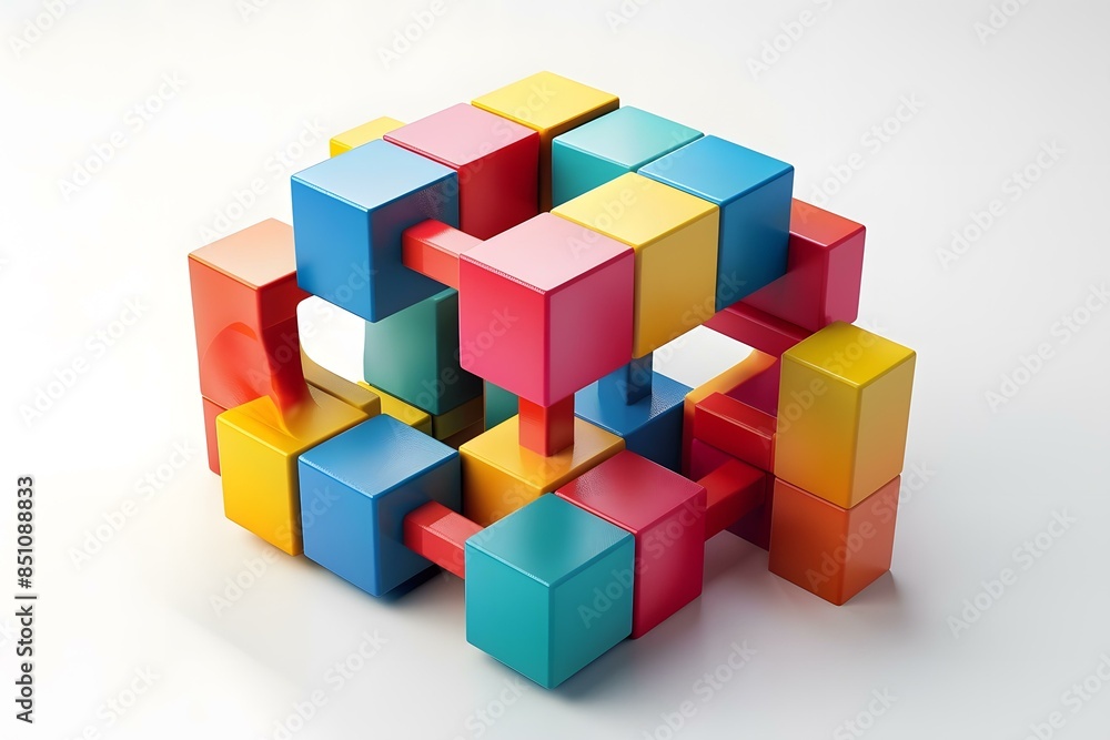 Colorful 3D blocks arranged in a complex interlocking pattern Colorful 3D blocks arranged in a complex interlocking pattern