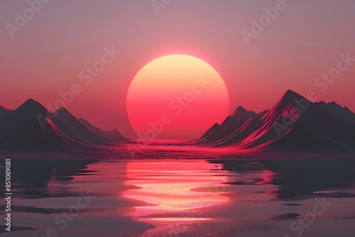 The sun sets over the mountains photo