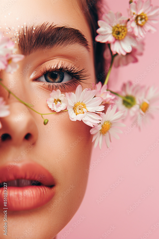 Close-up face portrait of young attractive woman with daisies on pink background Close-up face portrait of young attractive woman with daisies on pink background