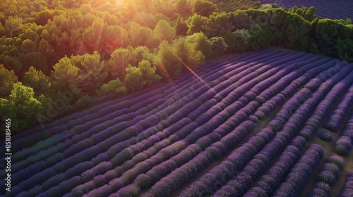 Aerial view of a lavender field in Provence: Expansive lavender field in full bloom in Provence, France, seen from above.