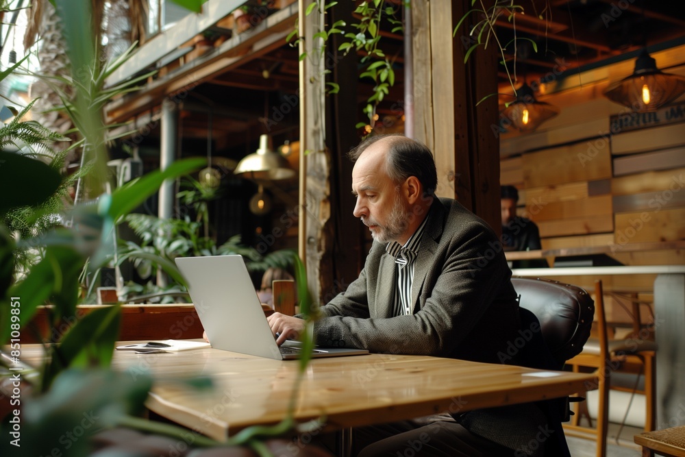 Businessman working on a laptop in a café: A focused businessman working on his laptop in a stylish café. Businessman working on a laptop in a café: A focused businessman working on his laptop in a stylish café.