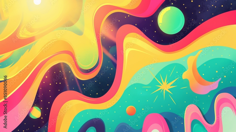 Abstract illustration colorful cosmic scene flowing waves celestial bodies Abstract illustration colorful cosmic scene flowing waves celestial bodies