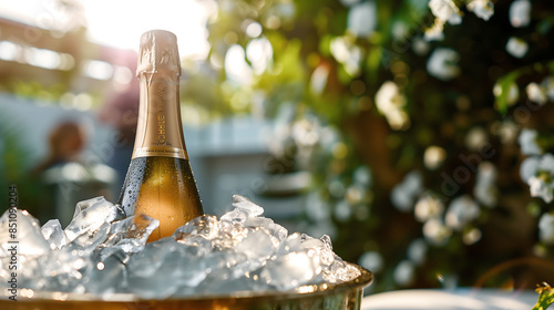 Photo of champagne bottles in an ice bucket standing outside in the soft sunlight, a concept of luxury and tradition of wine and champagne consumption and secluded relaxation photo