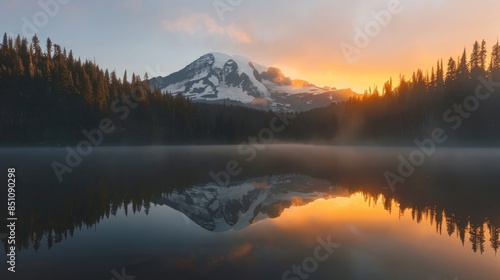 Mt Rainier and Reflection Lake at sunrise photo