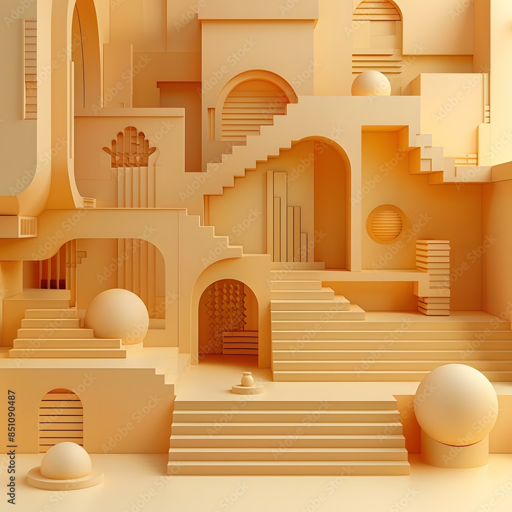 Abstract 3D Minimalist Architecture Design with Geometric Shapes and Stairs Abstract 3D Minimalist Architecture Design with Geometric Shapes and Stairs