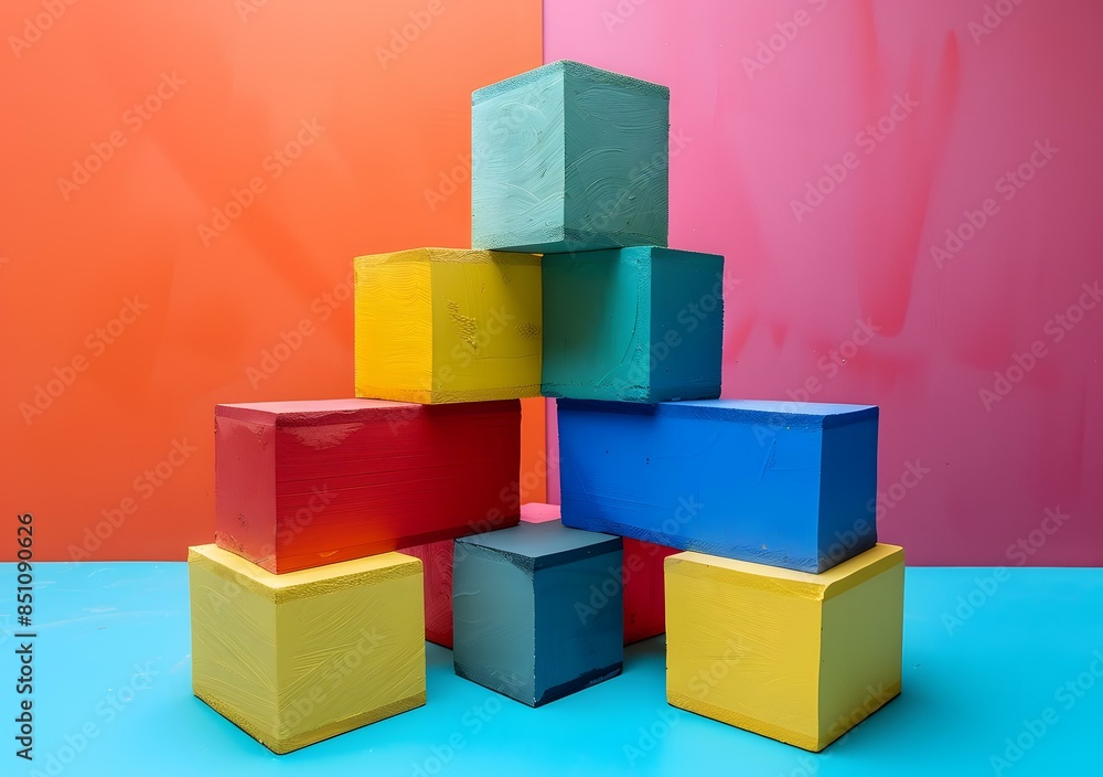 Colorful Wooden Blocks Stacked on a Blue Surface with a Pink and Orange Background Colorful Wooden Blocks Stacked on a Blue Surface with a Pink and Orange Background