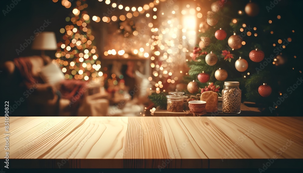 Empty Wooden Table with Christmas Theme in Background Generative AI Empty Wooden Table with Christmas Theme in Background Generative AI