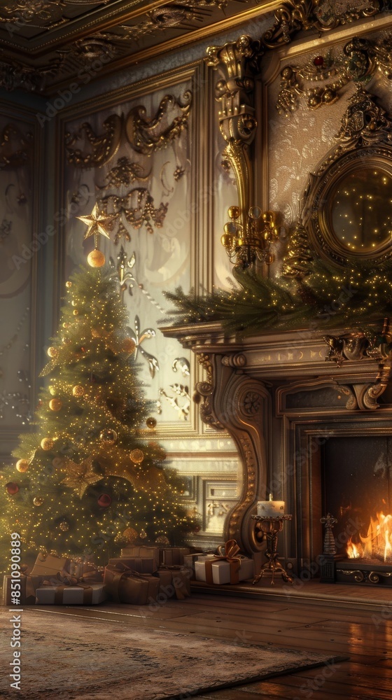 Christmas tree standing next to a fireplace in a luxurious room Christmas tree standing next to a fireplace in a luxurious room