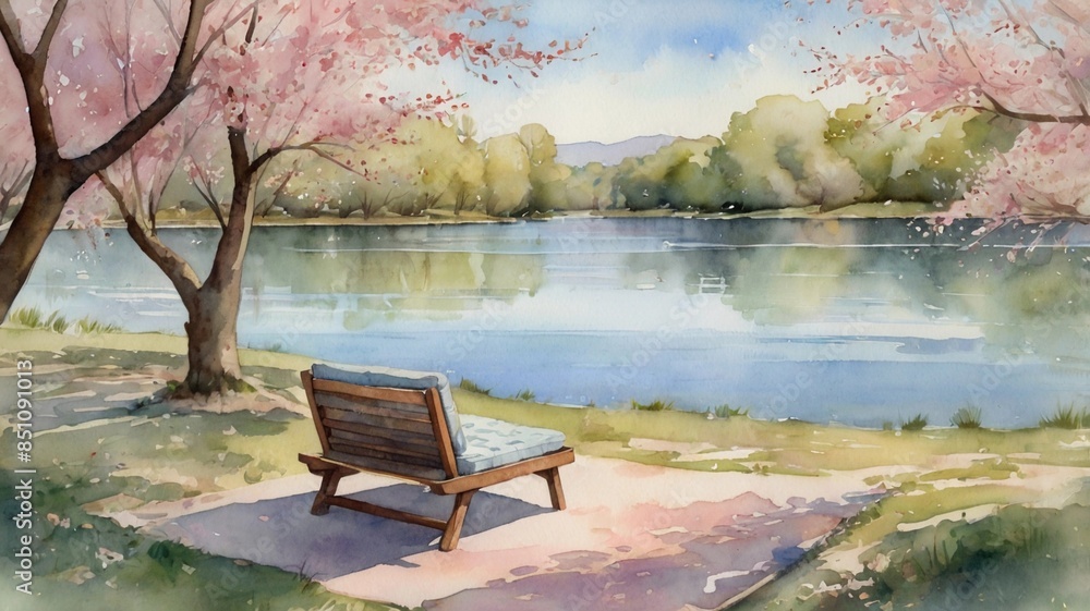 A serene watercolor lakeside scene in spring, with cherry blossom trees in full bloom along the shore A serene watercolor lakeside scene in spring, with cherry blossom trees in full bloom along the shore