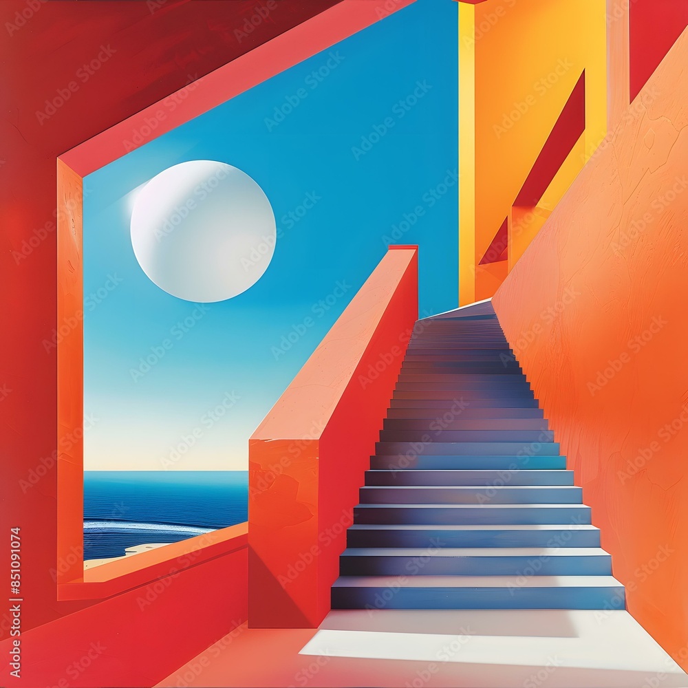 A staircase with a large sphere in the sky A staircase with a large sphere in the sky