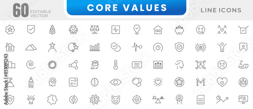 Core values line icon set. Goals and Targets, achievement, aim, motivation, vision, growth, goal, trust, teamwork, passion, leadership, strategy outline icon set