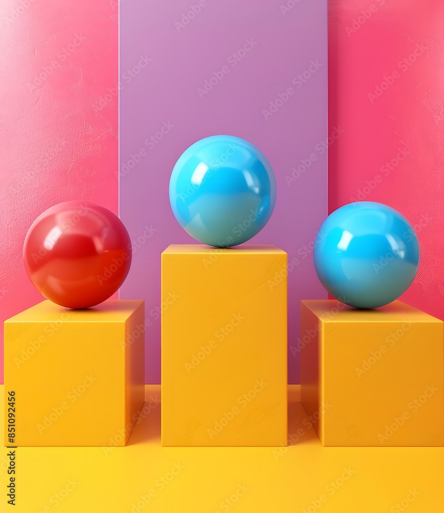 Colorful balls on podiums minimal background Colorful balls on podiums minimal background