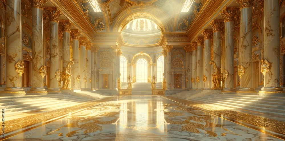 Sunlit Palace Hall with Golden Accents Sunlit Palace Hall with Golden Accents