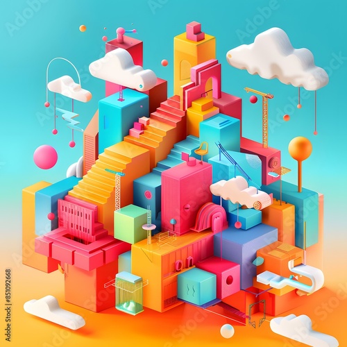 Colorful 3D illustration of a cityscape with geometric shapes and pastel colors