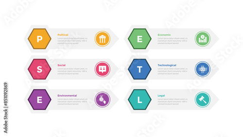 PESTEL analysis infographics template diagram with hexagon and arrow rectangle background with 6 point step creative design for slide presentation
