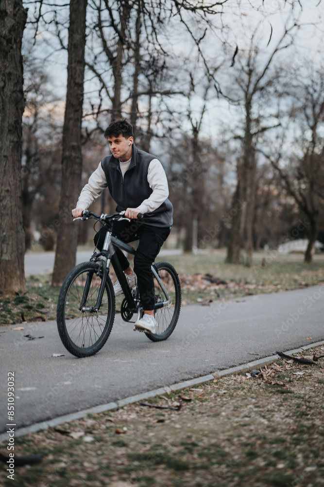 Fototapeta premium A young male teenager savors his free time by riding a bicycle outdoors, surrounded by trees in a tranquil park setting.