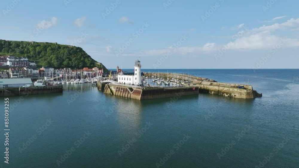 Scarborough Lighthouse and Harbour from a drone, Vincent Pier, Scarborough, North Yorkshire, England, Europe Scarborough Lighthouse and Harbour from a drone, Vincent Pier, Scarborough, North Yorkshire, England, Europe