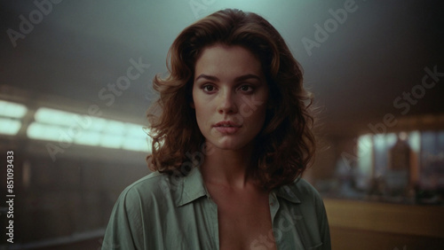 Fashionable woman with elegant hairstyle. Piercing look. With an unbuttoned shirt and showing her cleavage. Imitation of analog film