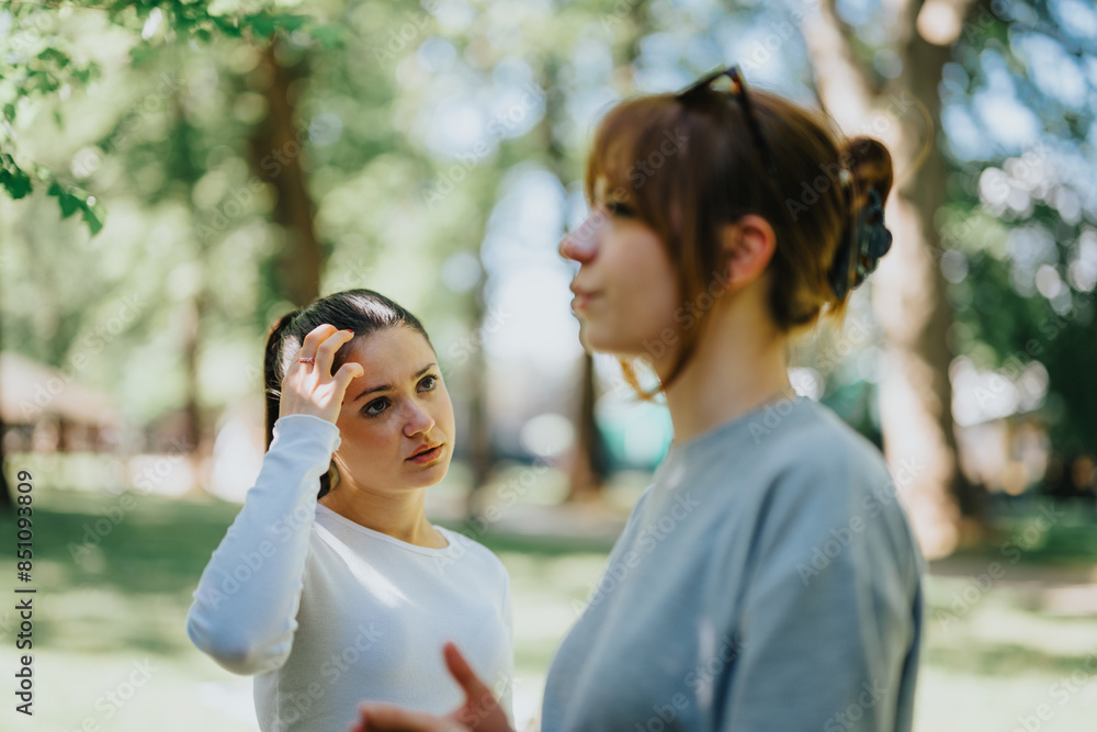 An image capturing a deep conversation between two young women in a sunny park setting, emphasizing emotions and dialogue. An image capturing a deep conversation between two young women in a sunny park setting, emphasizing emotions and dialogue.