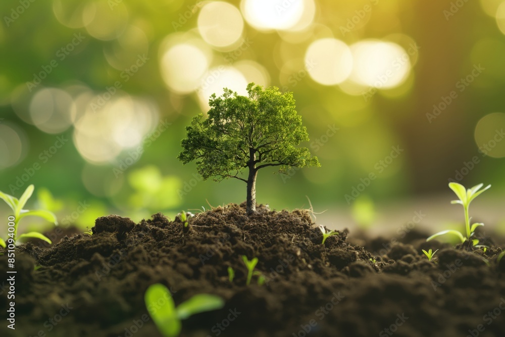 Single tree sapling emerges from rich soil against a defocused natural backdrop with sunlit bokeh, representing growth and environmental care Single tree sapling emerges from rich soil against a defocused natural backdrop with sunlit bokeh, representing growth and environmental care