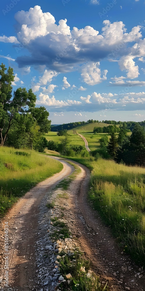 Naklejka premium Countryside dirt road through green fields and forests