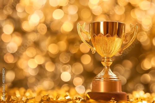 Splendid golden trophy cup stands proudly against a shimmering gold bokeh backdrop, evoking feelings of success and achievement