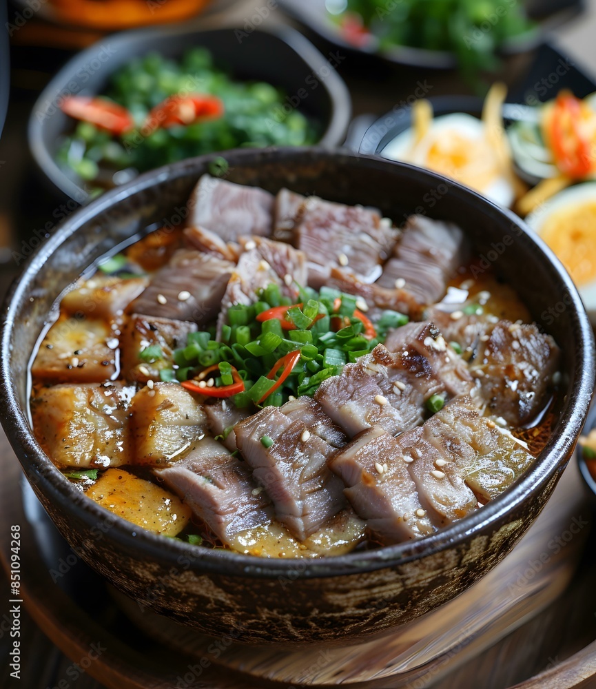 Sliced pork belly with rice in bowl Sliced pork belly with rice in bowl