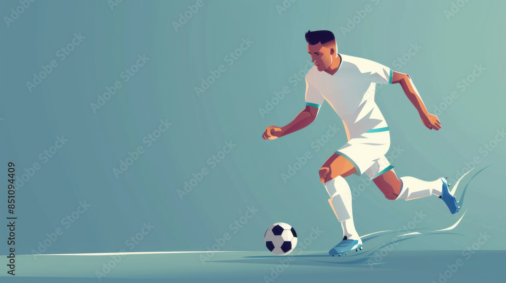 Fototapeta premium Vector illustration of a soccer player in white uniform dribbling a ball, isolated on a light background.