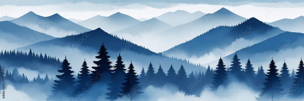 Obraz premium Painting of a foggy mountain landscape with silhouettes of pine trees in the foreground. Wide banner