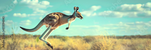 Dynamic Mid-Air Leap of a Powerful Kangaroo against the Scenic Australian Outback photo