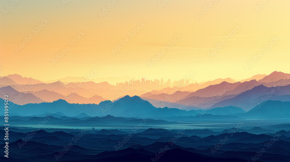 Fototapeta premium Minimalist illustration of a mountain range at sunset, with warm colors and distant peaks creating a serene atmosphere.
