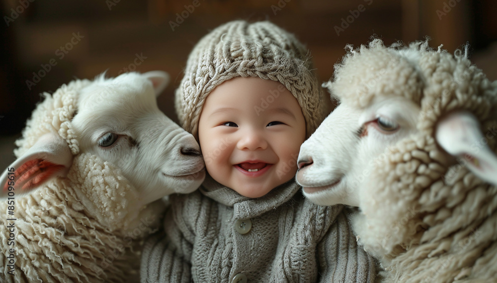 Happy Baby in Soft Sweater with Sheep Kisses - Sweet and Tender Moment Happy Baby in Soft Sweater with Sheep Kisses - Sweet and Tender Moment