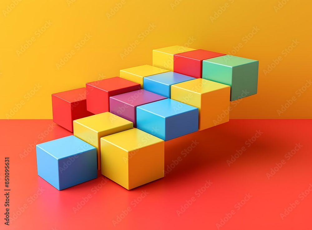 Colorful 3D Cubes Staircase on Red and Yellow Background Colorful 3D Cubes Staircase on Red and Yellow Background