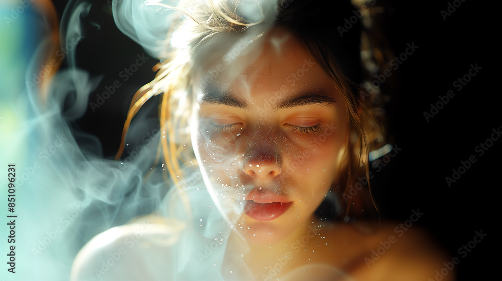 a close-up of a woman, exhaling smoke, with her eyes closed and a calm expression. The background is dark, and the light softly illuminates her face, highlighting the gentle curves of the smoke a close-up of a woman, exhaling smoke, with her eyes closed and a calm expression. The background is dark, and the light softly illuminates her face, highlighting the gentle curves of the smoke