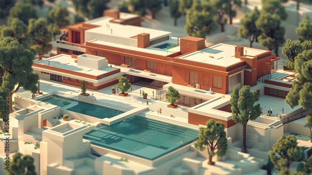 Fototapeta premium Modern House with Swimming Pool in Low Poly Style