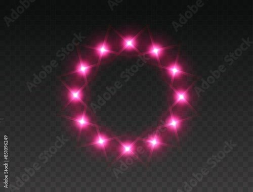 Pink round light effect frame, illuminate ring with lamps isolated on transparent background. Magic fantasy portal, teleport. Vector cosmic vibrant circle border. Glowing neon bulbs