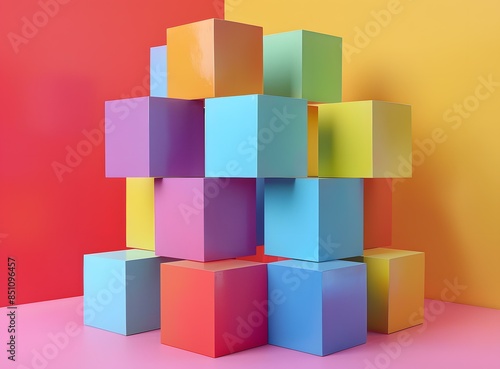 Colorful 3D cubes stacked in front of a pink and yellow background