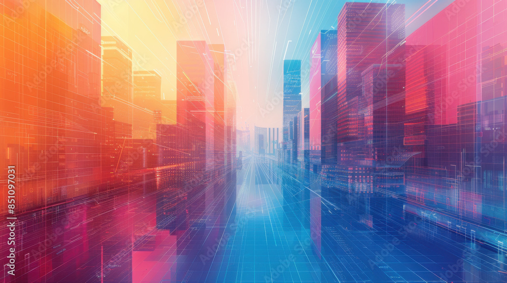 Abstract digital rendering of a futuristic cityscape with colorful overlay, representing technology and modern urban development.