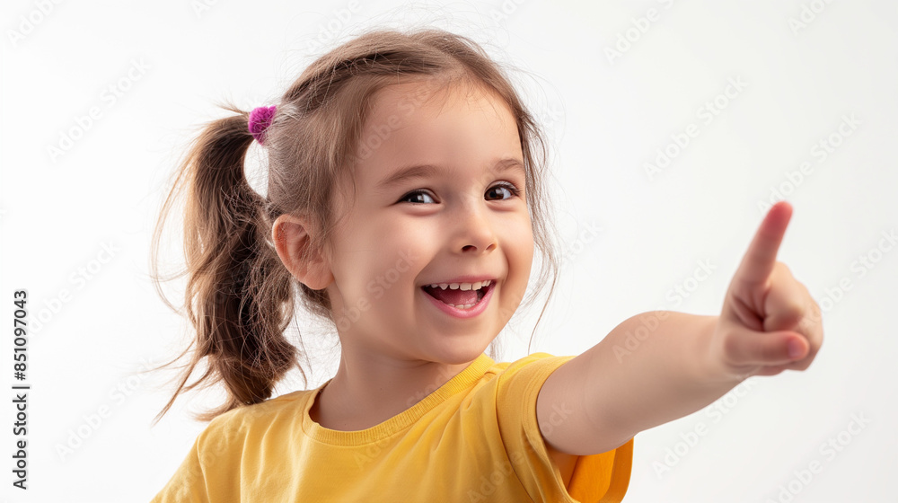 Human smiling pointing at something isolated on white background Human smiling pointing at something isolated on white background