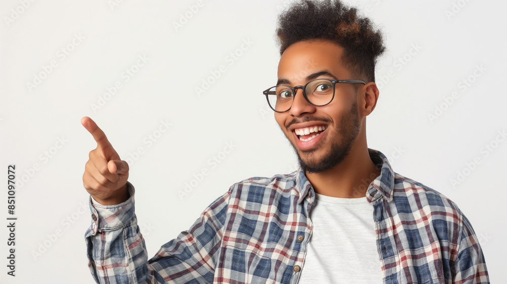 Human smiling pointing at something isolated on white background Human smiling pointing at something isolated on white background