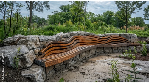 A bench is made of wood and is situated in a park. The bench is curved and has a stone wall behind it. The bench is surrounded by trees and plants, giving the area a natural and peaceful atmosphere photo