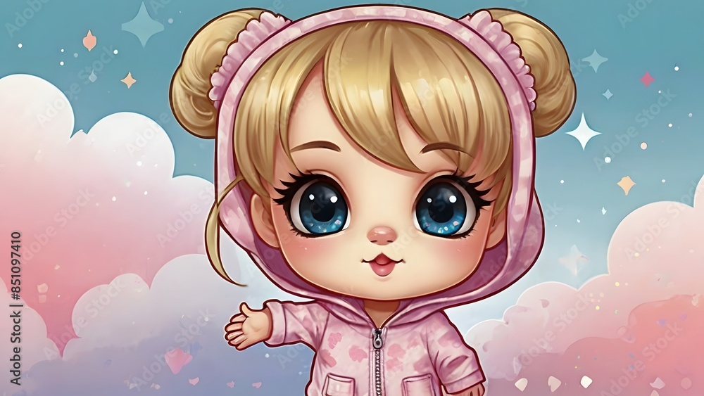 A chibi-style cartoon baby with big, sparkling eyes, a round face, and a small, cute mouth. A chibi-style cartoon baby with big, sparkling eyes, a round face, and a small, cute mouth.