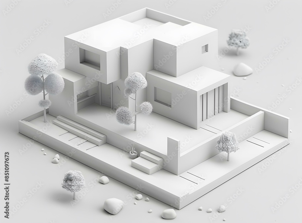 A 3D rendering of a small modern house A 3D rendering of a small modern house