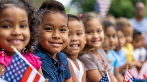 diverse kids holding small American flags for Fourth of July celebration - patriotism - childhood joy - national unity