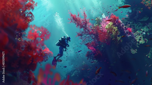 Scuba Diver Explores Coral Reef in Tropical Sea. © sania